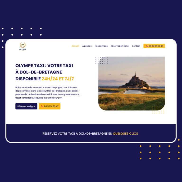 Mockup du site WordPress Olympe Taxi réalisé par Pineapple Squad : exemple de création de site vitrine haut de gamme pour chauffeur privé.